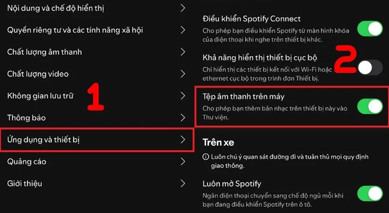 Chọn Ứng dụng và thiết bị, kích hoạt Tệp âm thanh trên máy 