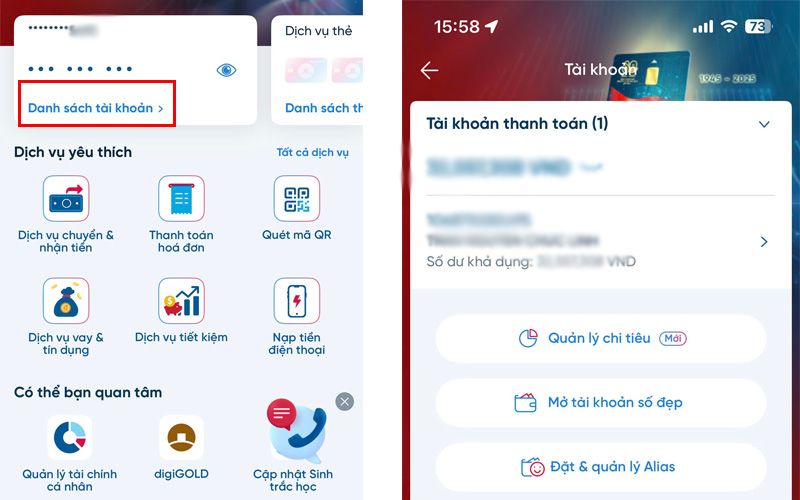 Đăng nhập vào VietinBank iPay và chọn tài khoản để xem số dư