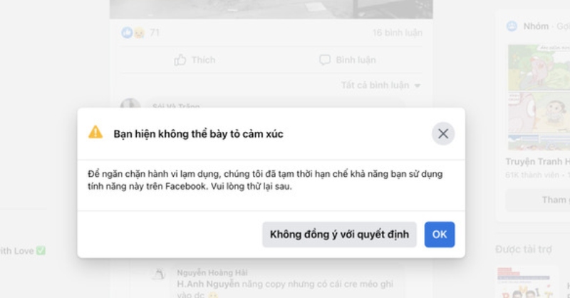 Lý do làm cho tài khoản Facebook bị hạn chế
