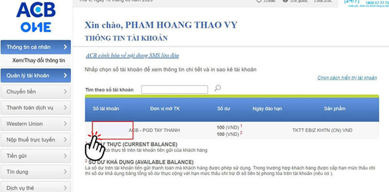 Tại màn hình chính, nhấn vào tài khoản cần kiểm tra để xem chi tiết các giao dịch