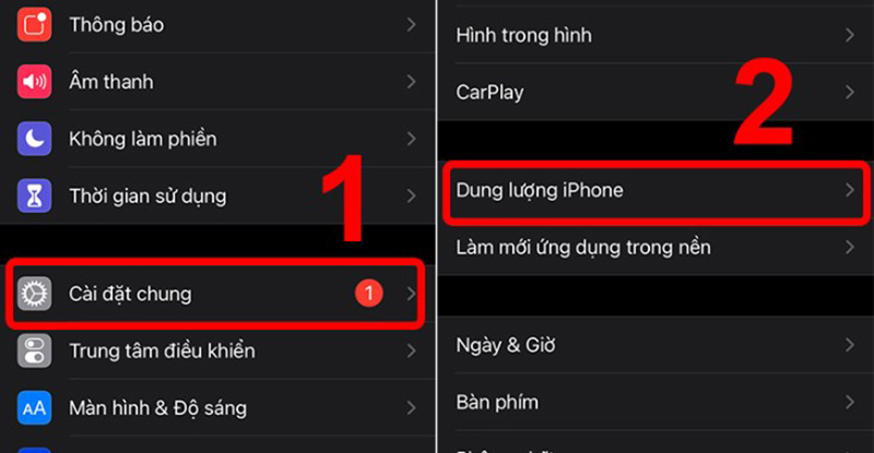 Vào mục Dung lượng iPhone trong Cài đặt chung