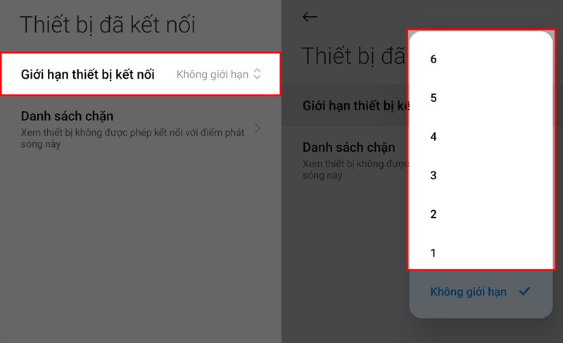 Vào mục “Giới hạn thiết bị kết nối” và thiết lập số lượng thiết bị được phép truy cập