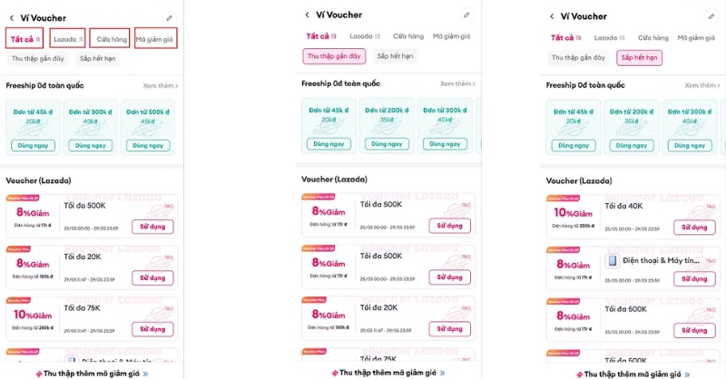 Các mục trong ví Voucher Lazada