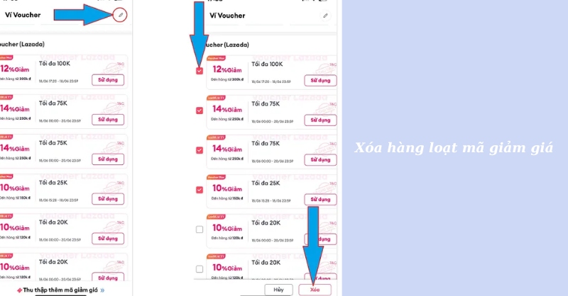 Xóa hàng loạt mã giảm giá trong ví Voucher Lazada