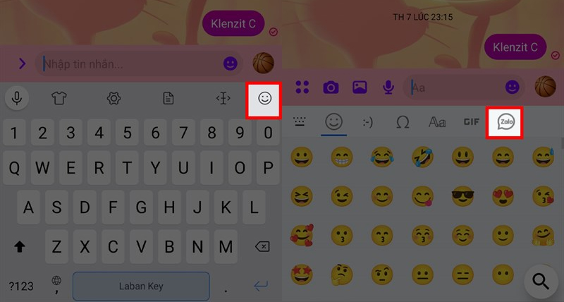 Chọn biểu tượng mặt cười ở góc bên phải bàn phím, sau đó nhấn vào biểu tượng "Zalo"