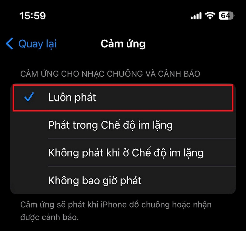 Chọn Luôn phát trong mục Cảm ứng