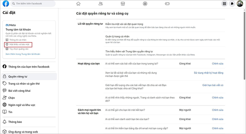 tai-trung-tam-tai-khoan-chon-mat-khau-va-bao-mat Tại phần “Trung tâm tài khoản”, chọn vào “Mật khẩu và bảo mật”