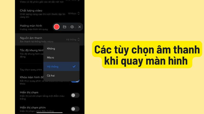 thiet-lap-che-do-am-thanh-phu-hop-truoc-khi-quay-man-hinh Nhấn vào biểu tượng Cài đặt và chọn Nguồn âm thanh